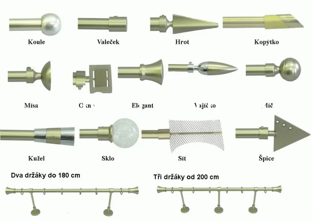 Záclonové a závěsové tyče kovové - černé, stříbrné, zlaté